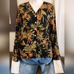 Floral Button-Up Blouse - Black and Orange